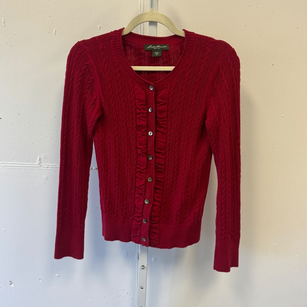 Eddie Bauer Red Cable Knit Ruffle Button Front Cardigan Sweater XS Holiday